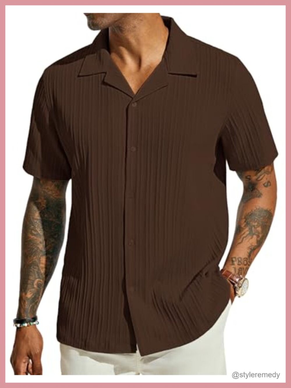 Men's Wrinkle-Resistant Short Sleeve Cuban Collar Casual Button Down Shirt, 95%